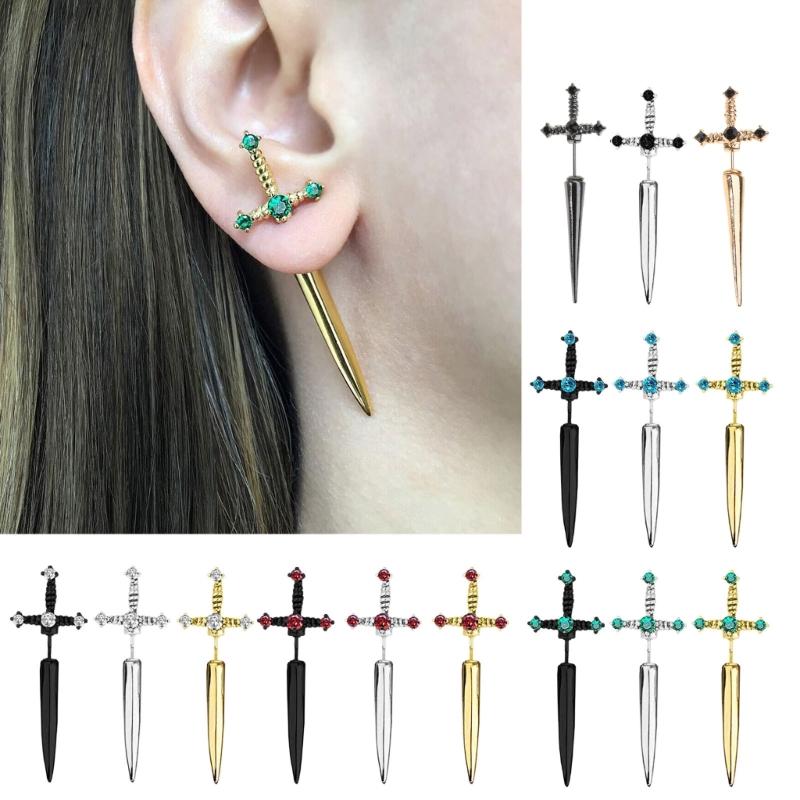 Novel Punk Multicolor Crystal Dagger- Earrings Metal Sword- Handle Studs Earrings for Women Girls Halloween Jewelry Gift