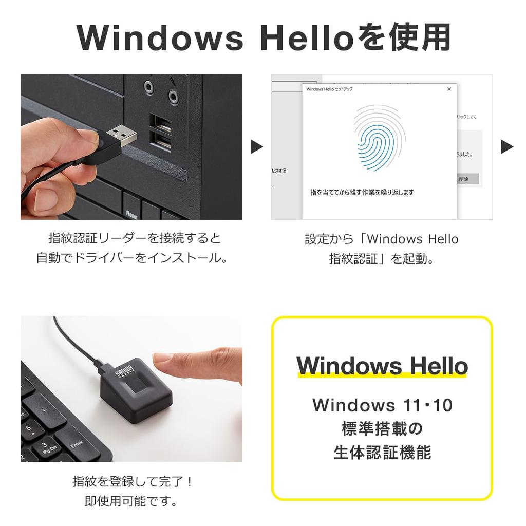 Sanwa Direct USB-сканер отпечатков пальцев, совместимый с Windows Hello, до 10 отпечатков, с подключением, оснащенный MoC, (Win11/Win10), Регистрации, 400-FPRD3