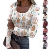 Women's Fashion Slim Bottom Casual Long Sleeve Christmas Printed Pullover U Neck Top