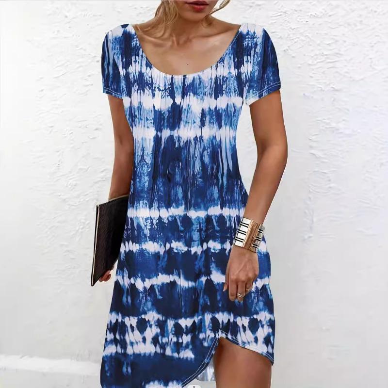 Женское повседневное удобное платье с короткими рукавами, летние повседневные платья средней длины с принтом