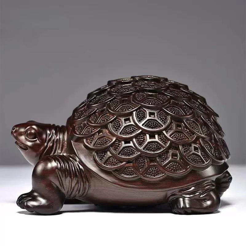 1PC Money Tortoise Solid Wood Carving Office Decoration Decor Home Wooden Animal Figurine Mini Crafts Propitious Gift