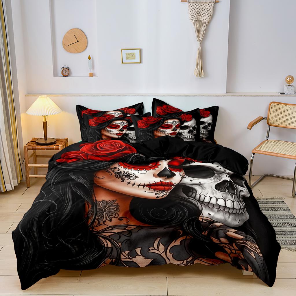 3 предмета Готический мексиканский сахарный череп Женщина Пододеяльник Постельное белье Цветочные и черепные узоры - Идеально для празднования Дня мертвых