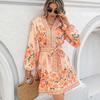 Elegant Vintage Floral Print Women's Dresses Fashion Lantern Sleeve A Line Casual Dress for Women Summer Lace-up High Waist V Neck Short Dress 26167
