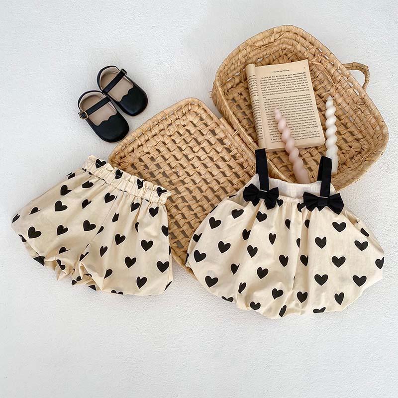 Весенне-летняя рубашка на подтяжках с милым бантом для девочек и шортами, детская хлопковая одежда из 2 предметов, повседневные топы для малышей, костюм