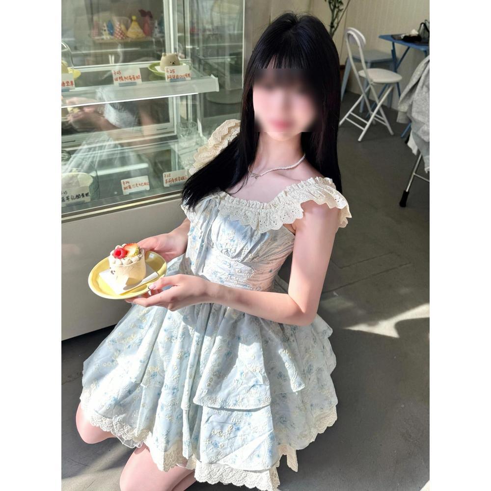 Spot Sakura Weaving Flower Plume Sweet Cool Xiaofei Sleeve Floral Dress Women's Design Sense Niche Waist Princess Fluffy Short Skirt