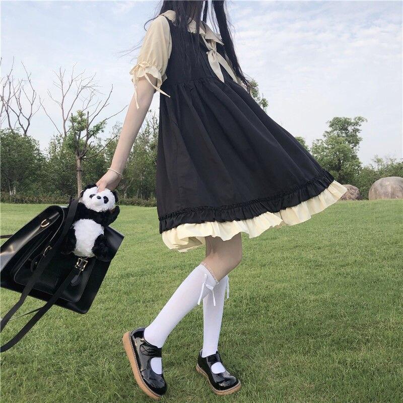 Женское платье Preppy Kawaii Свободное лоскутное платье с бантом в стиле Лолиты Сладкое популярное платье