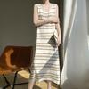 French Style U-Neck Knitted Summer Suspender Dress: Loose, Striped, Long Skirt
