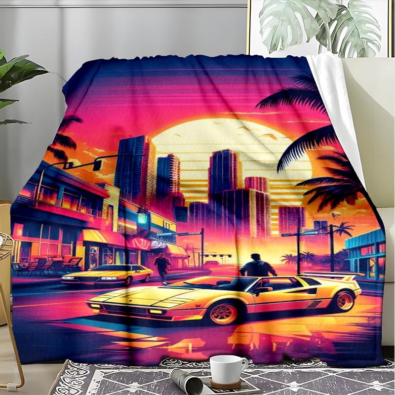Miami Retro Sports Car Neon Scenery Fleece Printed Flannel Blanket, Warm Soft Throw Sofa Bed Blanket
