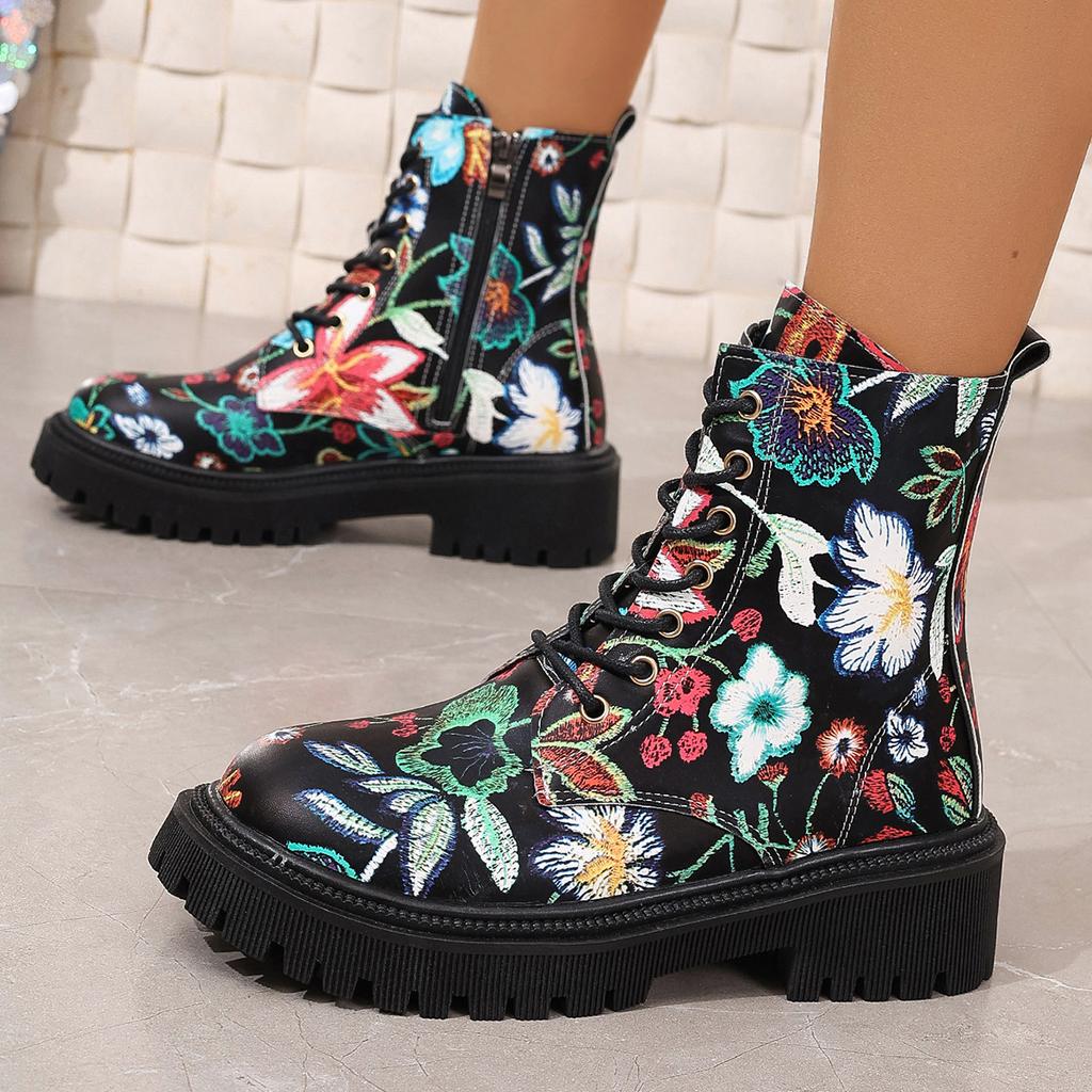 Large Size Boots Autumn European and American Printing Casual Round Head Lace-up Low-heeled High-top Boots