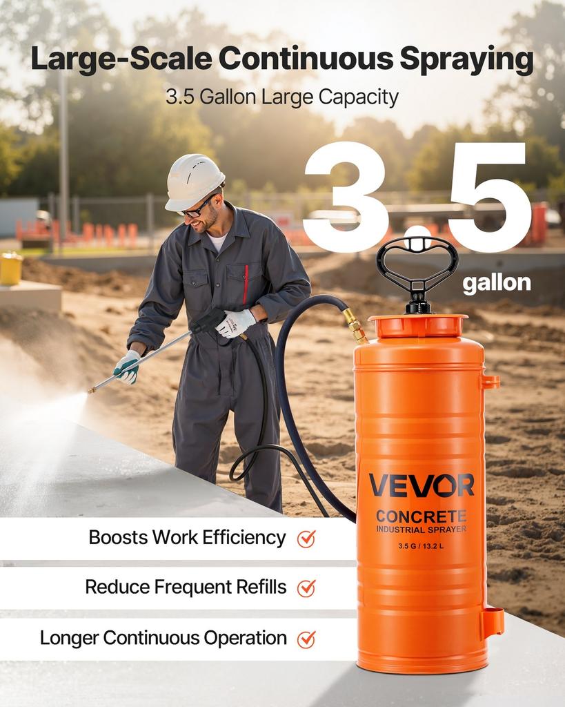 Industrial Concrete Sprayer, 14L Stainless Steel Sprayer, Heavy Duty Tri-Poxy Pump Sprayers, 52cm Wand with Ergonomic Gun Handle, 1.2m & 3m Hoses, 2