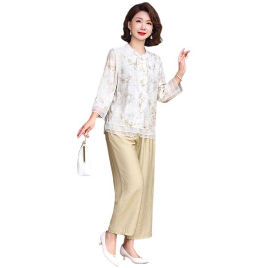 2 шт./компл. женский костюм в стиле ретро в китайском стиле плюс размер воротник-стойка с цветочным принтом и половиной рукава в стиле пэчворк, сетчатый топ с эластичной резинкой на талии и широкие брюки, комплект