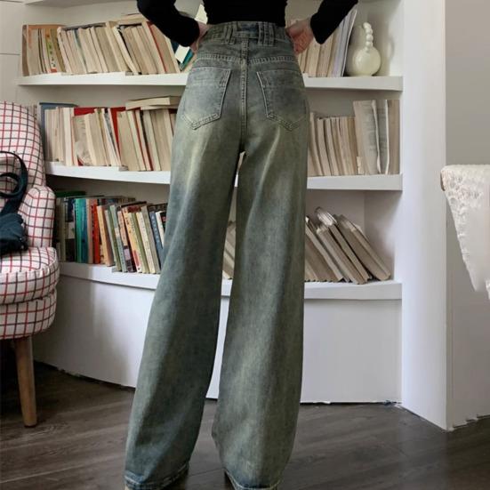 Женские джинсы с высокой талией, застежка-молния и пуговицы, сплошной цвет, свободные широкие брюки длиной до пола, ретро-стрессовые прямые карманы, мягкие цветные женские джинсовые брюки