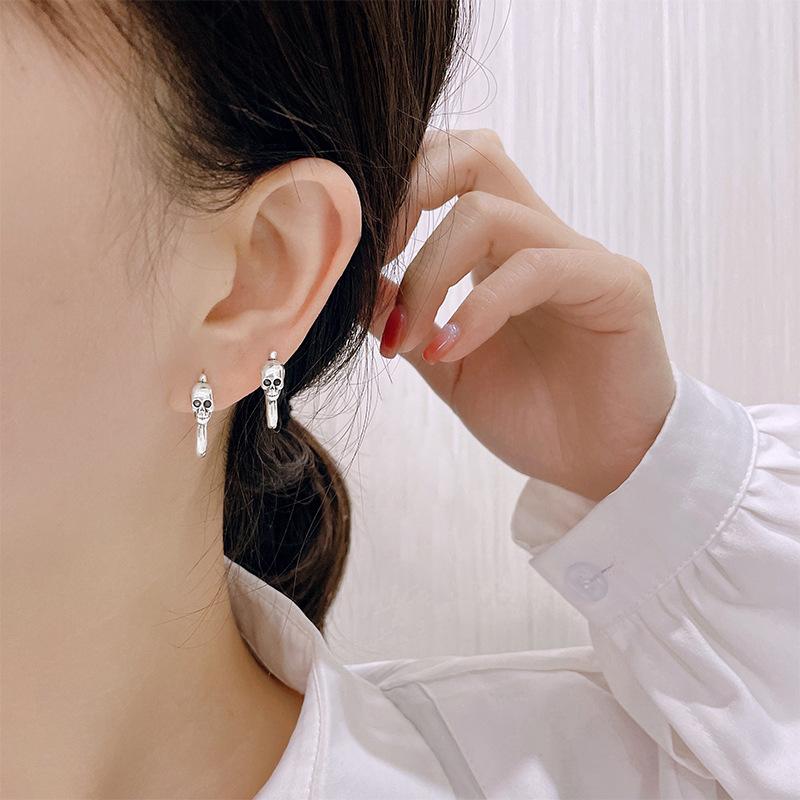 CIAXY Punk Skull Earrings for Women Personality Handsome Street Hip Hop Retro Ear Buckle Thai Silver Jewelry
