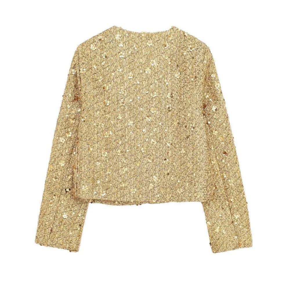 Women Sequins Coat O Neck Long Sleeves Female Loose Jacket Gold Silver Wild Shiny Short Woman Cardigan Coat Streetwear