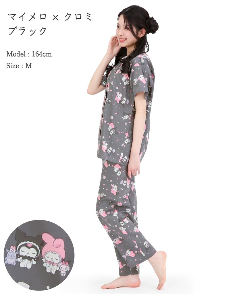 SAZAC Angel My Melody x Kuromi Рубашка Хлопок Короткий Рукав и Длинные Брюки Домашняя Одежда Пижама, 100% Поплин, Женский Комплект, (Черный/M/SAN1947)