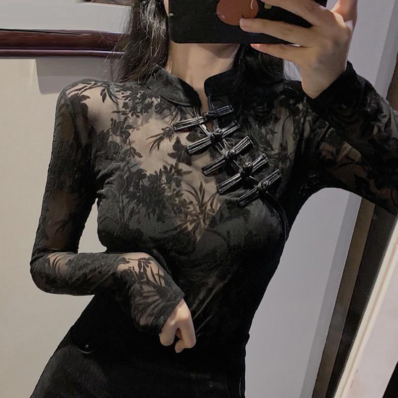 Элегантные черные блузки с длинными рукавами, тонкие водолазки в китайском стиле, сексуальные топы для женщин, винтажные прозрачные кружевные женские рубашки 11350