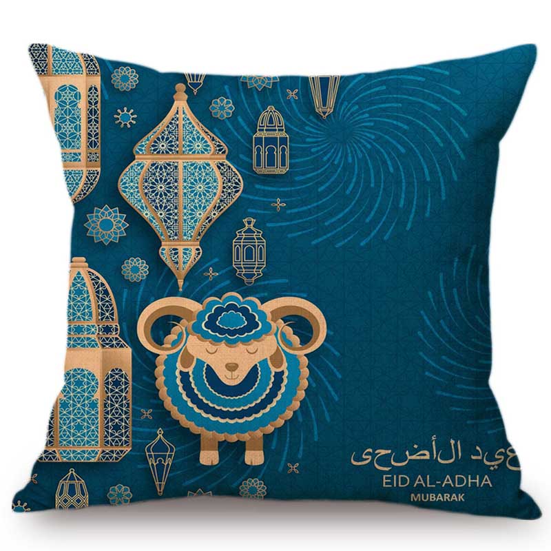 Muslim Arabic Eid Al Adha Mubark Decorative Pillow Case Black Marble Blue Brown Islamic Lantern Ornamental Design Cushion Cover