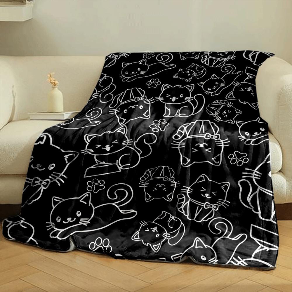 Outlined playful cats and paw prints on a black background. for all seasons blanket lunch break throw gift