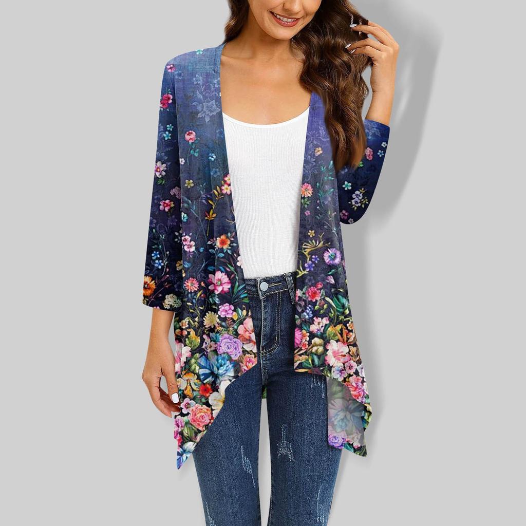 Women's Floral Print Irregular Three-quarter Sleeve Cardigan With Pocket Jacket