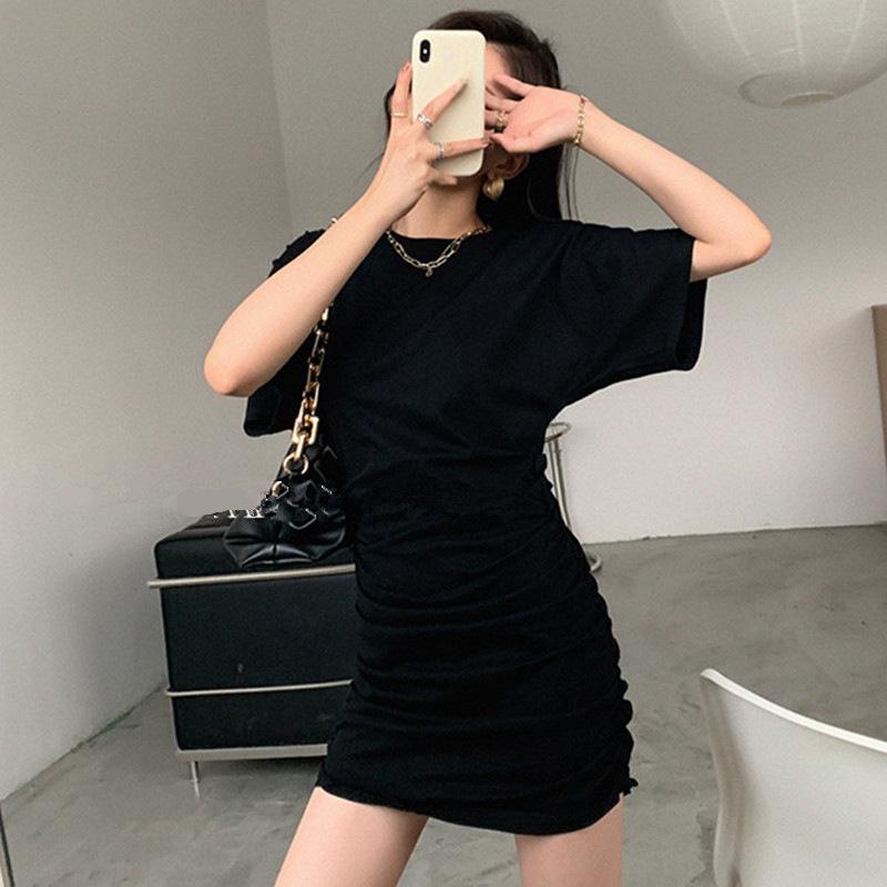 Women's Pleated Package Hip Short-sleeved Dress Summer Sexy Waist Thin Tight Temperament Girl Bodycon Dress