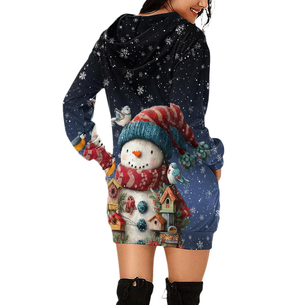 Women's Christmas Print Long-Sleeved Hooded Pocket Pullover Dress