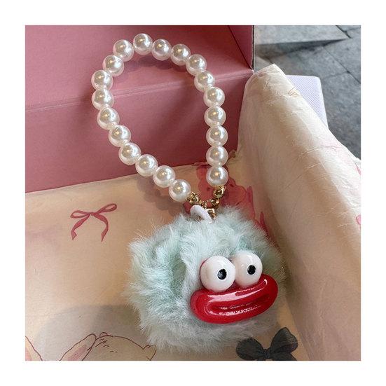 Yousheng Large Mouth Cartoon Plush Doll Keychain with Faux Pearls Lanyard Bag Hanging Decoration Macaron Color Key Holder Key Ornament