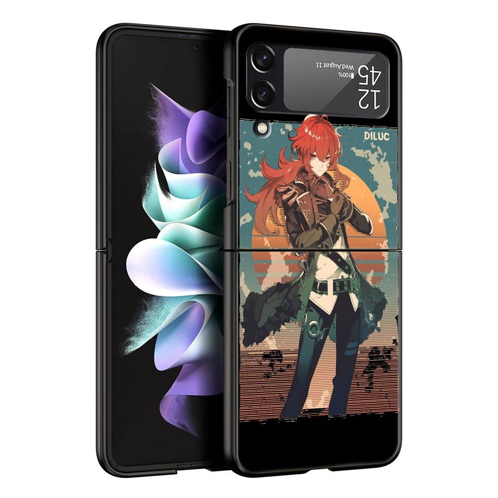 Чехол для телефона Genshin Impact для Samsung Galaxy Z Flip 3 4 5 Черный Складной Мобильный Чехол Жесткий ПК Fundas Coque Защитная Крышка