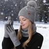 3Pcs/Set Women Hat Scarf Gloves Set Plush Ball Hat Cold Protection Double-Layer Scarf Touchscreen Gloves Set Ski Cycling Gear
