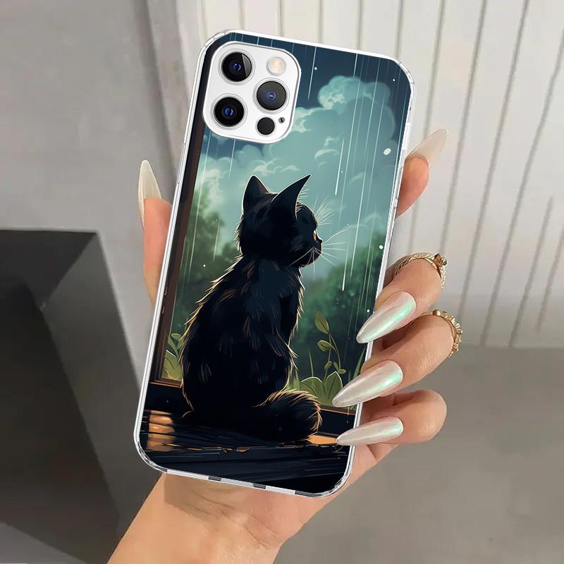 Аниме Кот Дождь Животное Чехол для Телефона для Iphone 17 Air 16 15 Plus 14 13 Mini 12 11 Pro Max 16E 7 8 SE 2020 Мягкий Чехол Принт Оболочка 16