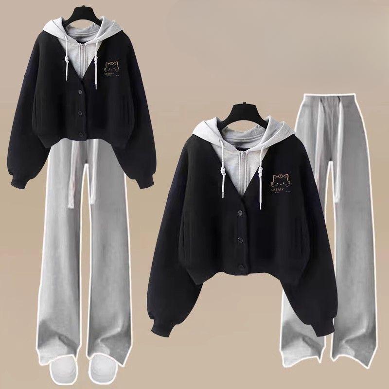 Женский спортивный костюм весна-осень, комплект из двух предметов, элегантный корейский поддельный костюм из толстовки с капюшоном и повседневных брюк, комплект брюк для девочек