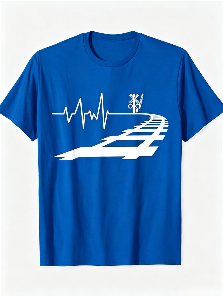 Train Fan Heartbeat Railway Tracks Print TShirt Railroad Crossing Sign Graphic Tee Unisex Unisex Daily Wear Short Sleeve Tops