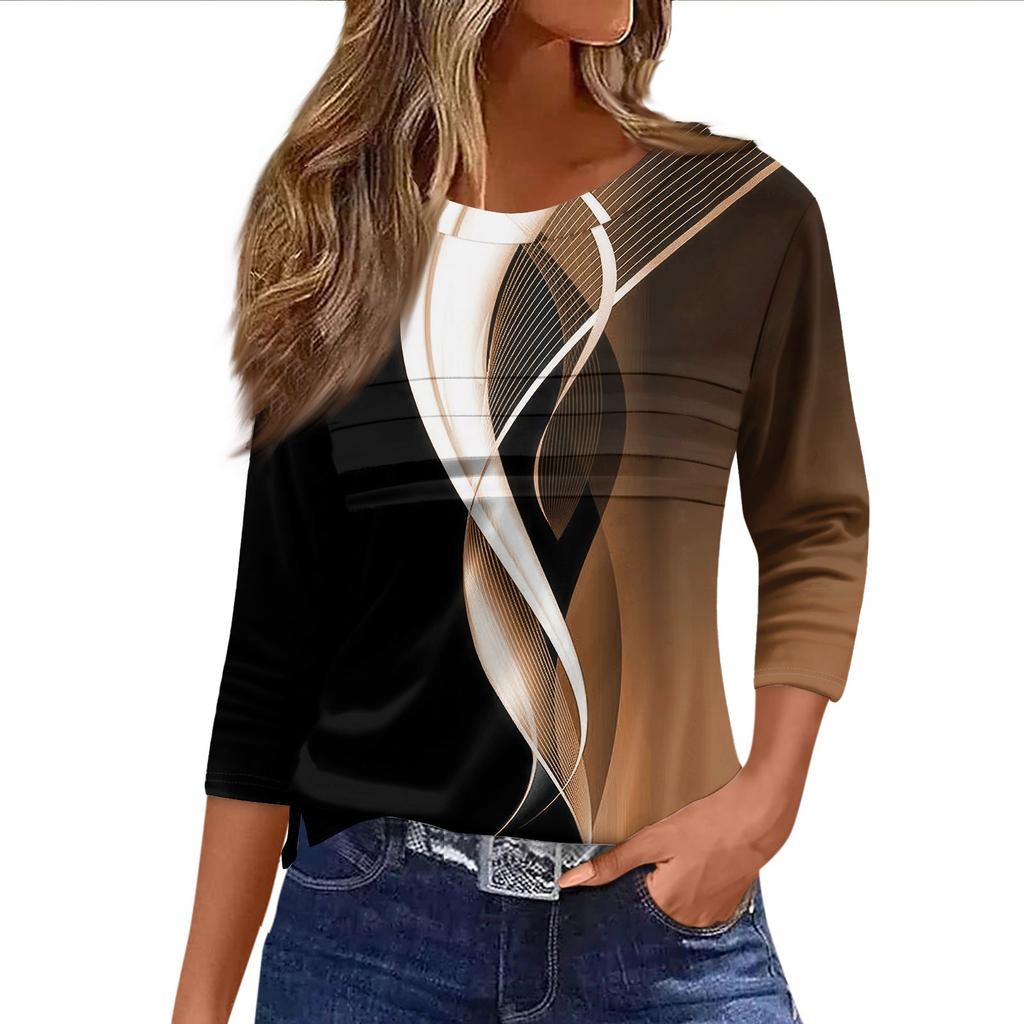 Loose Casual 34 Womens Fashion Sleeve Striped Printed Round Neck Top