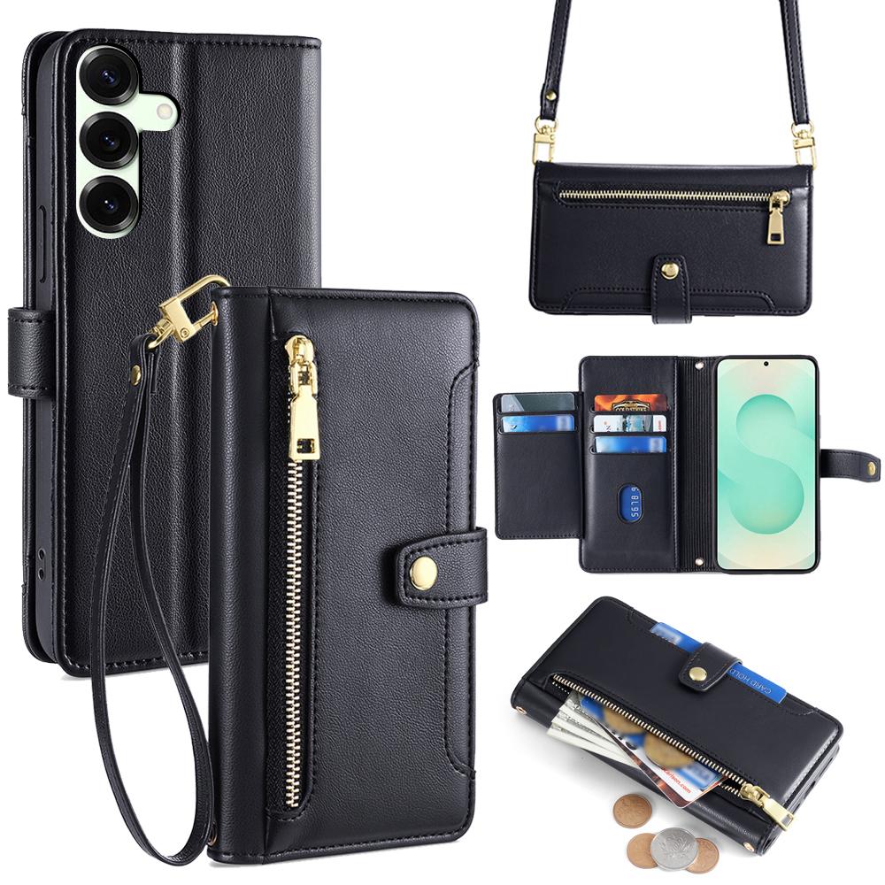 For Samsung Galaxy S25+ Leather Case Zipper Pocket Wallet Phone Cover with 2 Straps