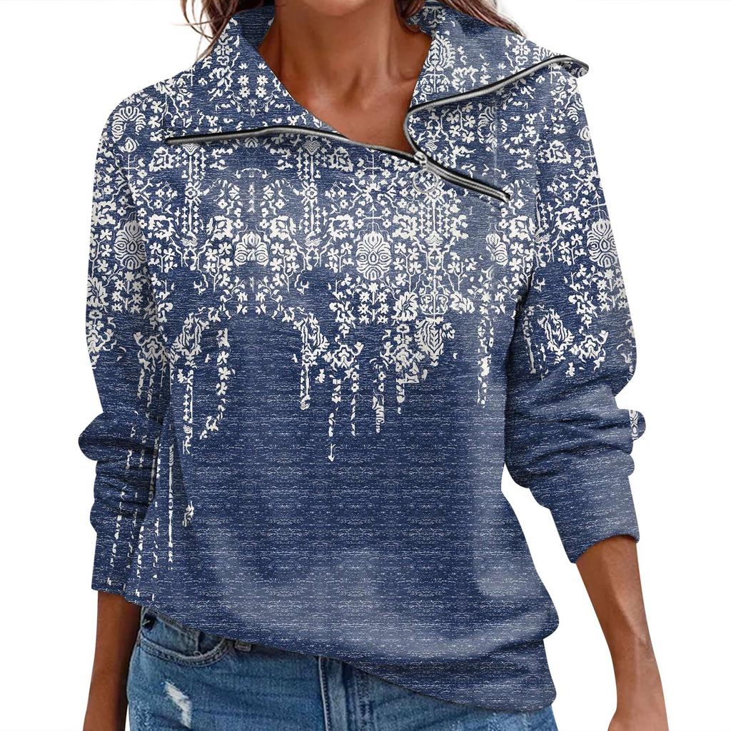 Женский осенне-зимний топ с застежкой-молнией, повседневный топ с длинными рукавами и цветочным принтом в стиле ретро