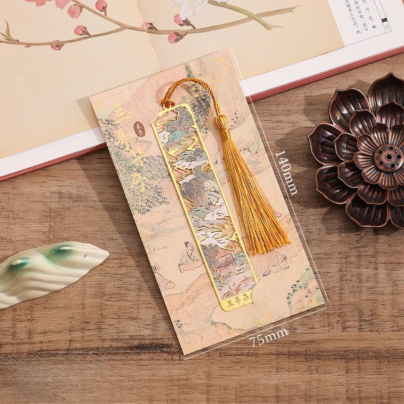 Ретро Китайский Пейзаж Латунная Закладка Ажурная Сцена Гор Бук Так с Шелковой Кисточкой Антикварный Подарок для Любителей Книг