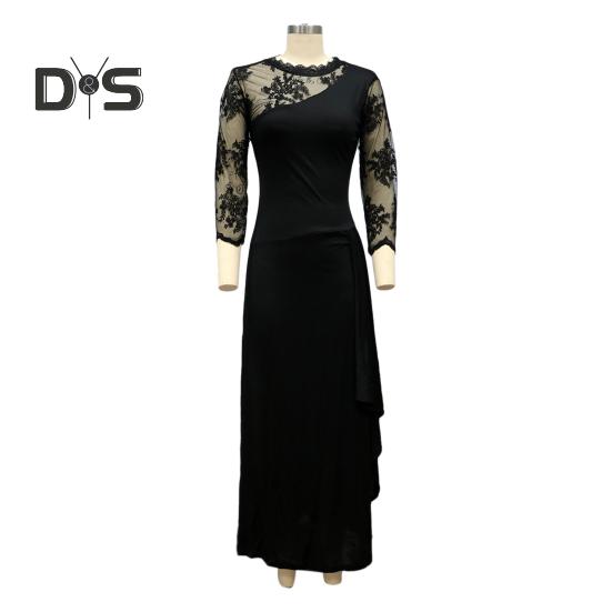 Women Evening Dress See-through Mesh Patchwork Half Sleeves Slim Fit Floral Embroidery Ruffle Pleated Full Length Prom Party Maxi Dress