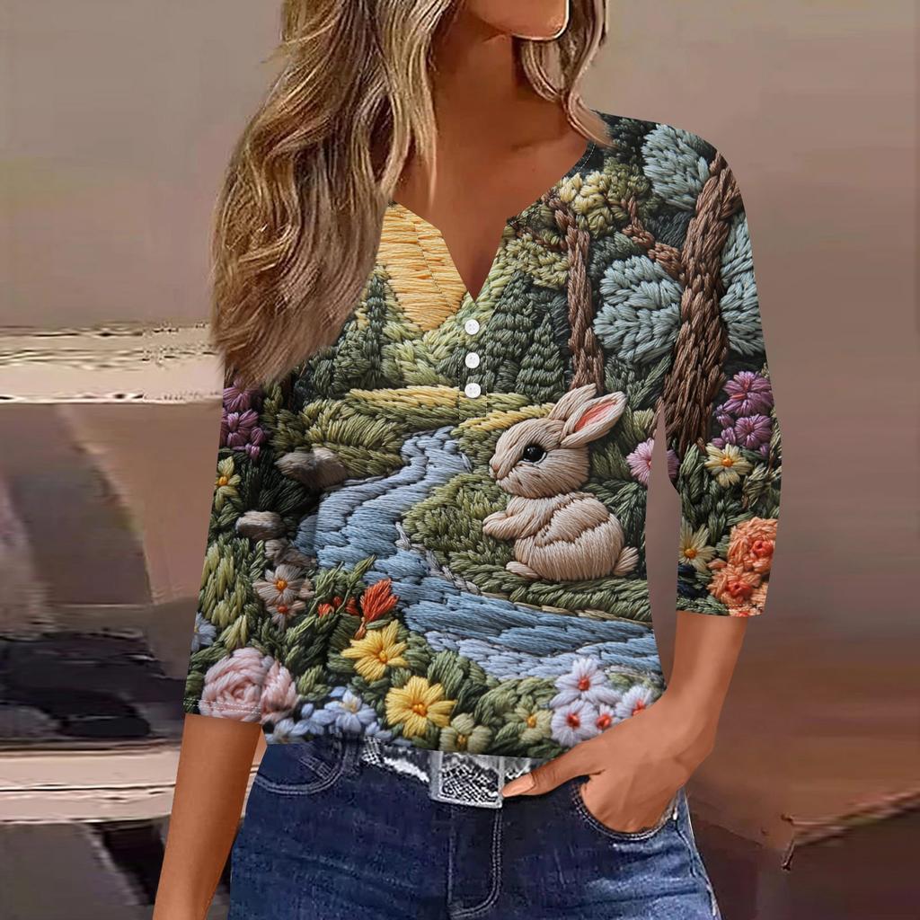 Жен. Футболка Футболка С принтом Пуговицы Рукав 3/4 Повседневные Выходные Мода Классический V-образный вырез Обычный Топ