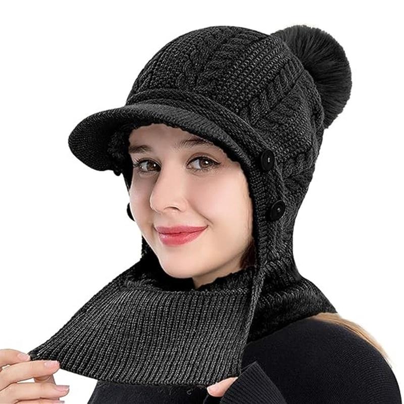 Женская зимняя утолщенная подкладка шапка термобалаклава капюшон шарф с козырьком вязаные шапки с помпоном