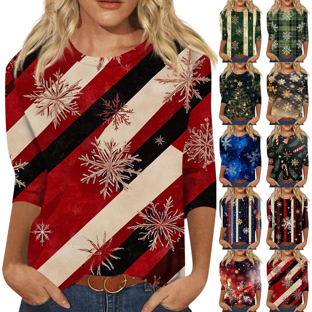 Women's Fashion Casual Seven Sleeve Christmas Printed Round Neck Top