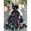 High-End Big Brand Print Square Collar Sling Guest Dresses Women Summer Slim Fit Long Slimming Puffy Big Hemline Dress