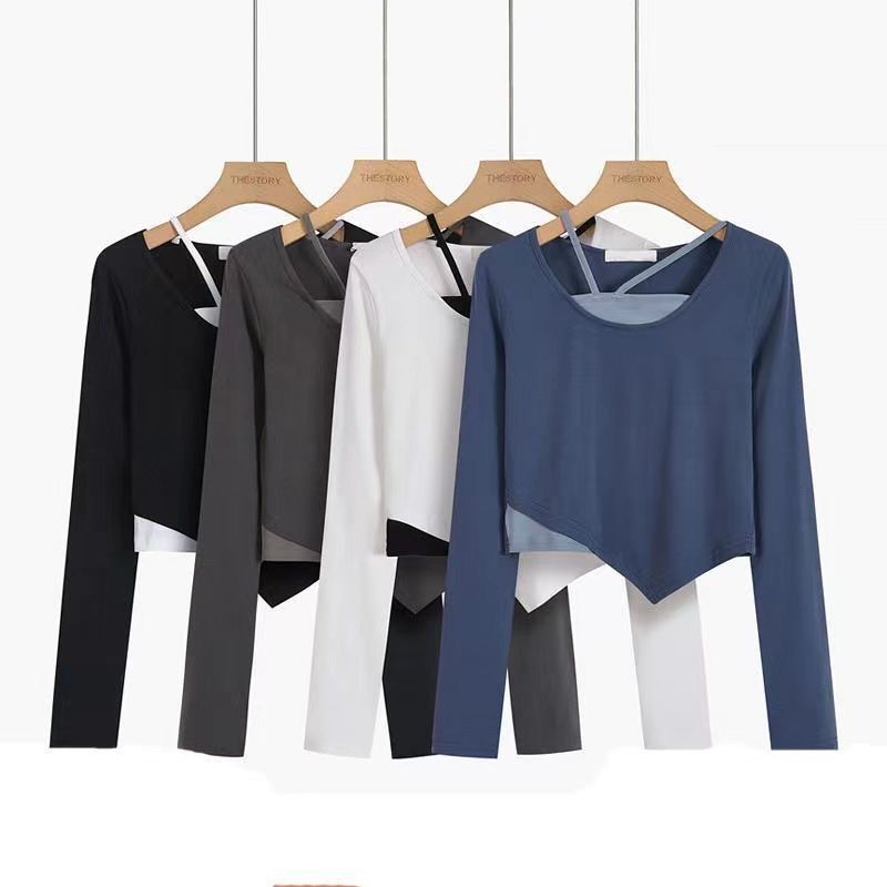 Необычный дизайн футболки, женский топ с длинными рукавами и шейным ремешком, тонкий, тонкий, в стиле пэчворк, искусственный комплект из двух предметов, яркое лето