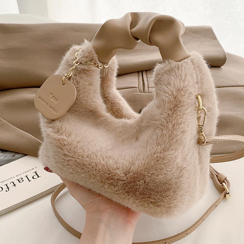 Women Faux Fur Soft Plush Handbags Ruched Handle Small Shoulder Crossbody Bag Casual Fluffy Totes Purse Winter Bags For Women