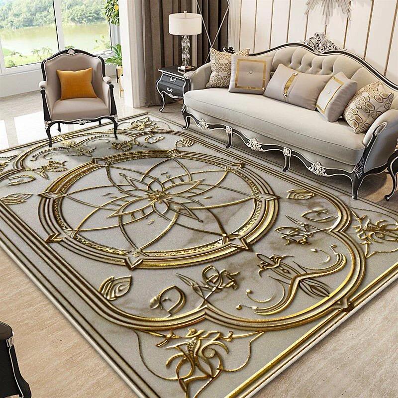 European Style Golden Carpet Living Room Luxury Decoration Flannel Large Rugs Sofa Area Coffee Tables Non-slip Soft Mat Bedroom