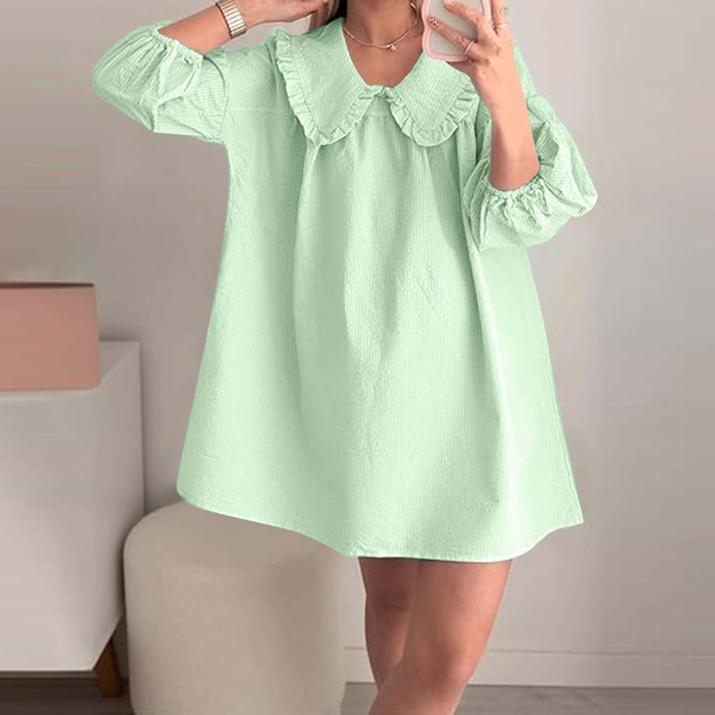 Women's Fashionable And Casual Puff Sleeve Lapel Doll Collar Loose Dress