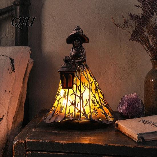Retro Hollow Carved Sculpture Halloween Witch Lamp, Stained Glass Style Gothic Table Lamp with Lantern, Artistic Resin Craft Ornament LED Night Light