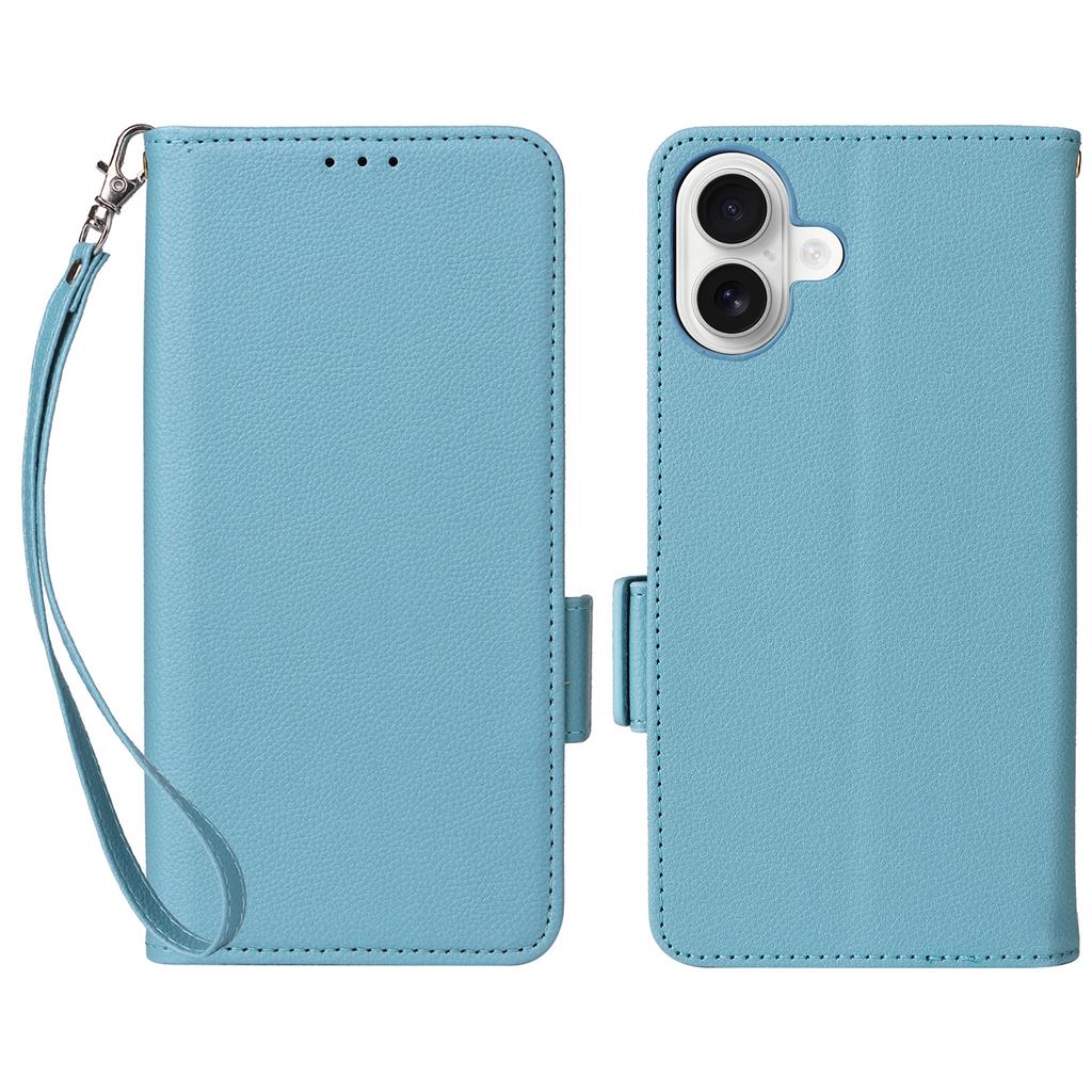 For iPhone 16 Plus Case with Wrist Strap Litchi Texture PU Leather Wallet Phone Cover