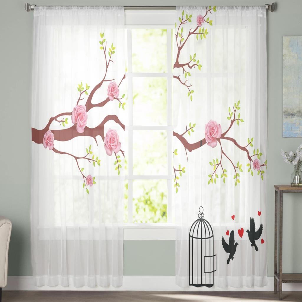 Ветка розы, птица, прозрачная вуаль, занавеска для окон, тюлевые шторы для гостиной, спальни, шифоновые шторы
