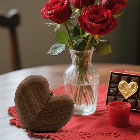Heart-shaped Ring Box Compact Size Portable Retro Style Wooden Proposal Wedding Ring Holder Jewelry Organizer