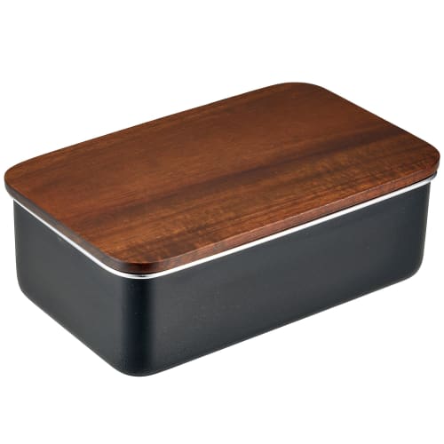 Nonoji Stainless Steel Rectangle Lunch Box, Microwave and Dishwasher Safe, Stylish and Simple, with Natural Wood Lid, Black