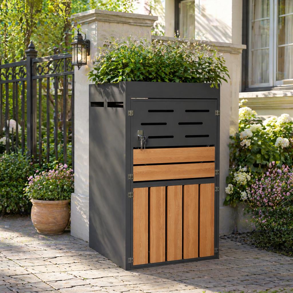 Outdoor Cabinet, Planter Box, Louvered Ventilation, Steel Frame, Lockable Doors, Security Chain, Storage & Garden Decoration, Without Trash Can